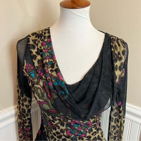 Y2K 100% Silk Animal Print and Floral Cowl Neck Top, Size Small Lynn Ritchie - Picture 5 of 6